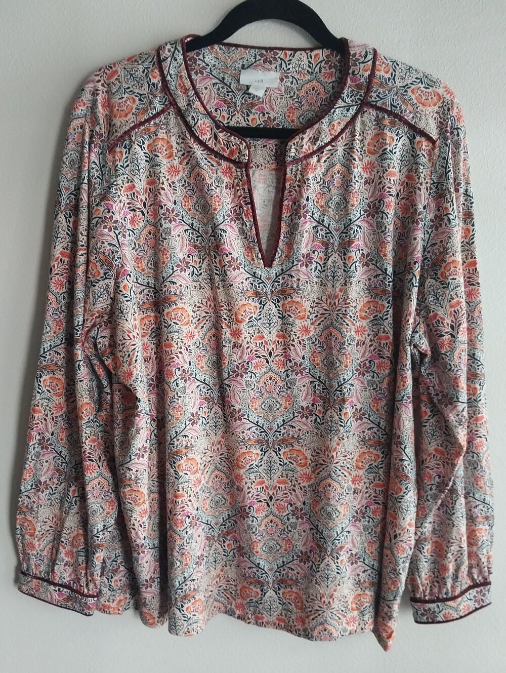 J. Jill Multicolor Dark Botanical Floral Cotton Modal Velvet Trim Popover Top - Picture 1 of 8